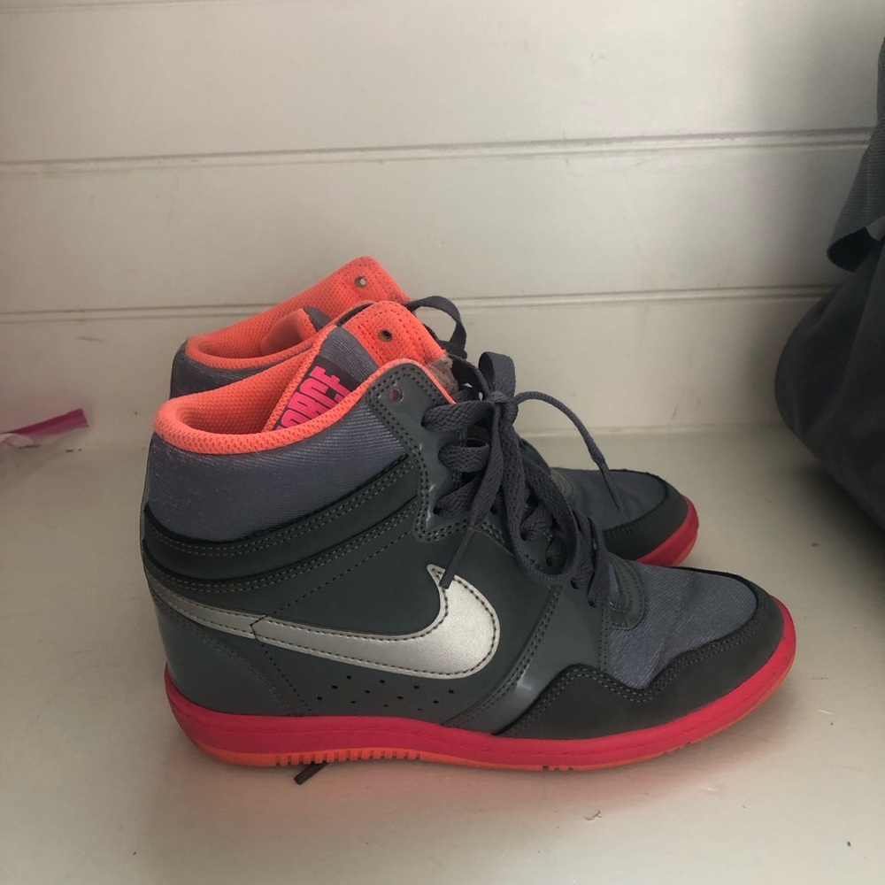 Nike Women's Gray and Pink Athletic High-Top Wedge Sneakers